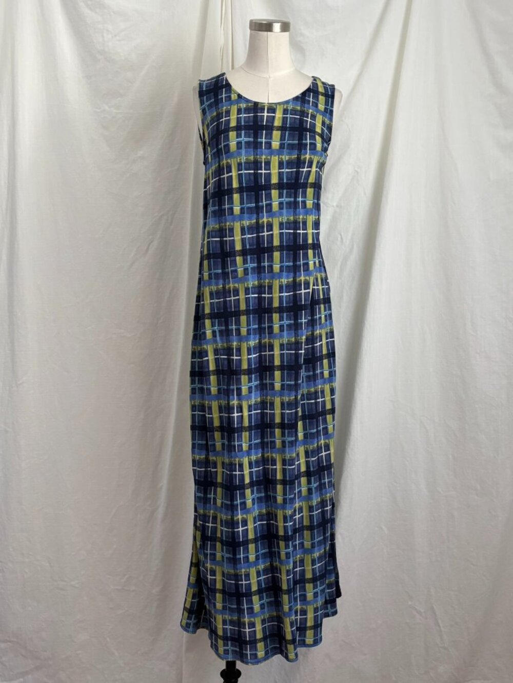 VTG 90s Apostrophe Rayon Maxi Dress Blue Green M Artsy Teacher Plaid Cottage